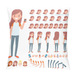 Personality  Flat Vector Girl Character For Your Scenes. Character Creation Set With Various Views, Hairstyles, Face Emotions, Lip Sync And Poses. Parts Of Body Template For Design Work And Animation. Pillow Covers