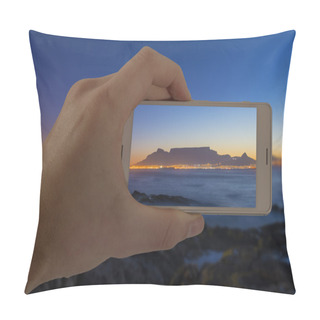Personality  Tourist Taking Mobile Photo Of Cape Town Table Mountain At Sunset. Pillow Covers