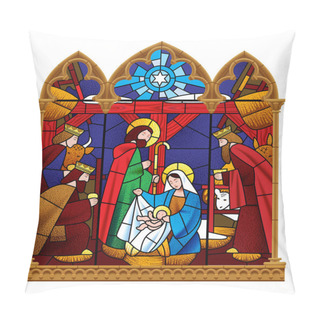 Personality  Stained Glass Window Depicting Christmas Scene In Gothic Frame I Pillow Covers