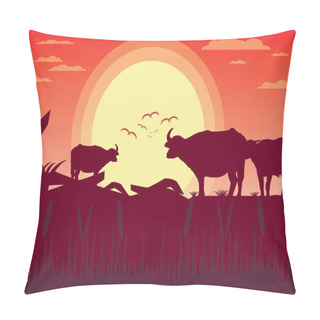 Personality  Buffalo Sunset Evening And Grassland Meadow Landscape.vector Illustrator Pillow Covers
