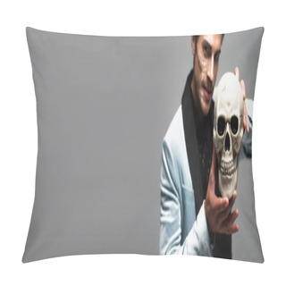 Personality  Blurred Man In Halloween Makeup Showing Spooky Skull Isolated On Grey, Banner Pillow Covers