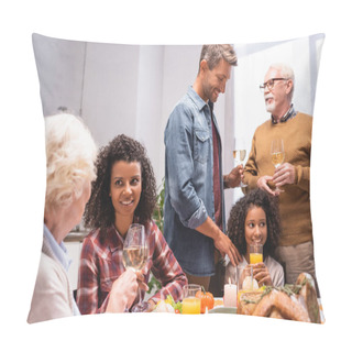 Personality  Joyful Multicultural Family Holding Wine Glasses And Talking While Celebrating Thanksgiving Day Pillow Covers