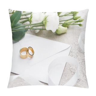 Personality  Golden Wedding Rings On White Envelope Near Eustoma Flowers And White Ribbon Pillow Covers