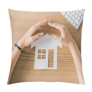 Personality  Partial View Of Businesswoman Covering House Paper Model On Wooden Tabletop With Hands, Insurance Concept Pillow Covers