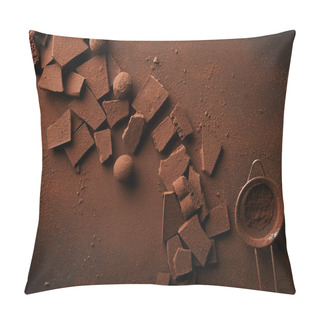 Personality  Top View Of Arrangement Of Various Types Of Chocolate, Truffles And Sieve With Cocoa Powder Pillow Covers