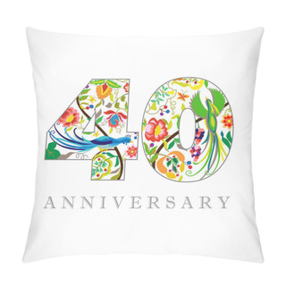 Personality  40 Years Old Logotype. 40 Th Anniversary Numbers. Decorative Symbol. Age Congrats With Peacock Birds. Isolated Abstract Graphic Design Template. Royal Colorful Digits. Up To 40% Percent Off Discount. Pillow Covers