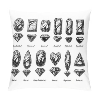 Personality  Vector Hand Drawn Illustration Of Different Diamond Cuts And Shapes: Round Brilliant, Princess Cut, Emerald, Heart, Oval, Asscher, Pear, Cushion, Marquise, Radiant, Trillion And Baguette. Isolated On White Background.  Pillow Covers
