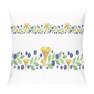 Personality  Seamless Border Of Chanterelle Mushrooms And Blueberry Branches Isolated On White Background. Wild Forest Plants. Watercolor Elements Pillow Covers