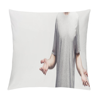 Personality  Cropped View Of Man In Grey T-shirt Showing Shrug Gesture Isolated On Grey, Panoramic Shot, Human Emotion And Expression Concept Pillow Covers