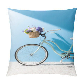 Personality  Bicycle With Beautiful Flowers In Basket In Front Of Blue Wall Pillow Covers