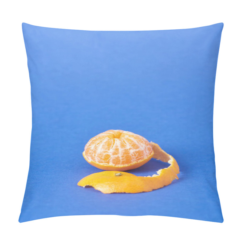Personality  Peeled Juicy Tangerine With Zest On Blue Background  Pillow Covers