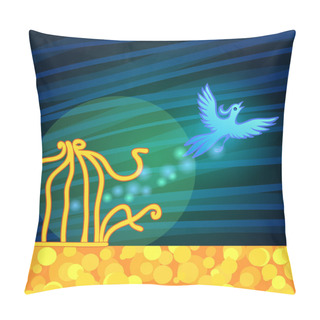 Personality  Magic Blue Bird Flies Free From The Golden Cage. The Bird Of Happiness. Pillow Covers