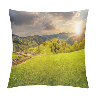 Personality  Fence On Hillside Meadow In Mountain At Sunset Pillow Covers
