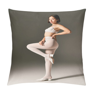 Personality  Alluring Asian Woman In White Lace Bra And Pantyhose Posing On Grey Background, Hand On Hip Pillow Covers
