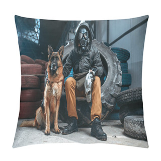 Personality  Stalker In Gas Mask And Dog, Friends In Post Apocalyptic World. Post-apocalypse Lifestyle On Ruins, Doomsday Concept Pillow Covers