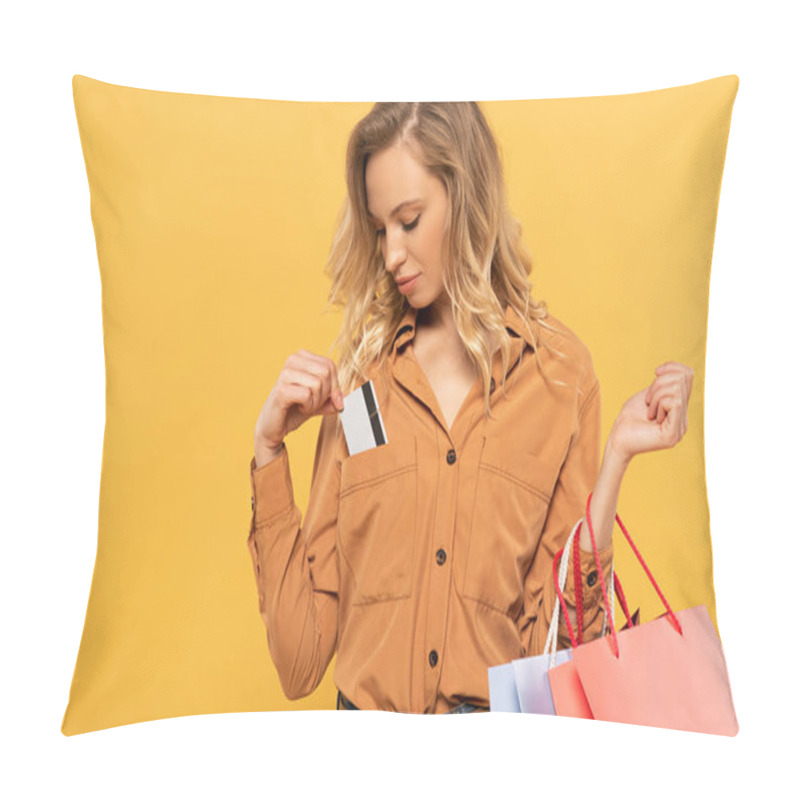 Personality  Woman Putting Credit Card In Shirt Pocket And Holding Shopping Bags Isolated On Yellow Pillow Covers