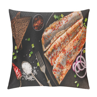 Personality  Marinated Fillet Mackerel Or Fillet Herring Fish With Spices, Greens And Slice Of Bread On Plate Over Dark Stone Background. Mediterranean Food, Appetizer, Seafood, Top View Pillow Covers