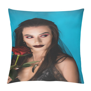 Personality  Mysterious Young Woman With Black Makeup In Veil Looking Away Near Rose On Blue Pillow Covers