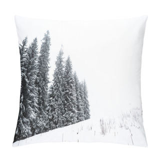 Personality  Pine Trees Forest Covered With Snow On Hill With White Sky On Background Pillow Covers