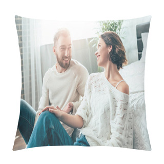 Personality  Cheerful Brunette Woman Looking At Handsome Bearded At Home  Pillow Covers