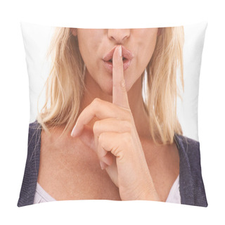 Personality  Shhh....Woman, Silence With Finger To Lips For Secret, Hand With Gesture Zoom Isolated Against White Background. Mouth, Emoji And Quiet With Hush Pose And Silent Young Female With Skin And Shush Pillow Covers