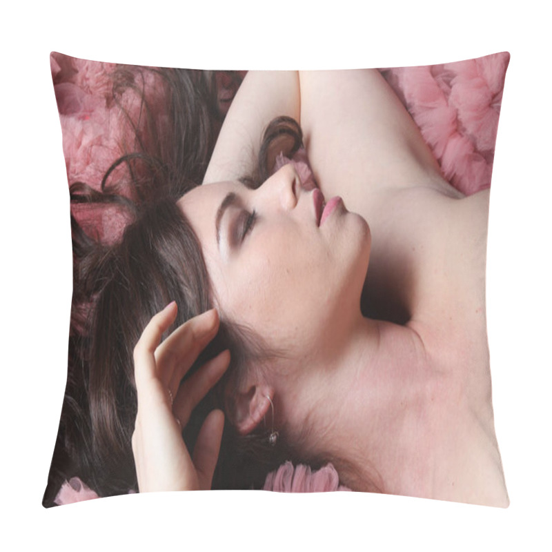 Personality  Portrait of fashionable young beauty girl in big long evening pink dress pillow covers