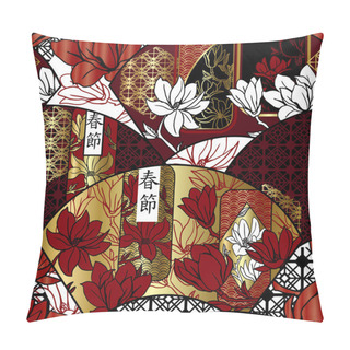 Personality  Seamless Pattern With Asian Fans And Magnolias. Decorative Pillow Covers