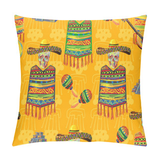 Personality  Mexican Seamless Music Pattern With Skull, Sombrero Hat, Guitar, Maracas, Aztec Pyramid, Poncho Background. Perfect For Wallpapers, Pattern Fills, Web Page Backgrounds, Surface Textures, Textile Pillow Covers