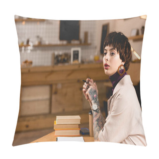 Personality  Confident Businesswoman Sitting At Table In Cafe And Looking Away Pillow Covers