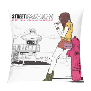 Personality  Cute Young Fashion Girl On A Beach Background. Hand Drawn Vector Pillow Covers