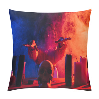 Personality  Oracle With Closed Eyes Holding Hands Above Skull During Spiritual Session In Darkness Near Colorful Smoke Pillow Covers