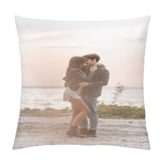 Personality  Selective Focus Of Young Man Embracing Girlfriend In Dress And Leather Jacket On Beach At Sunset  Pillow Covers