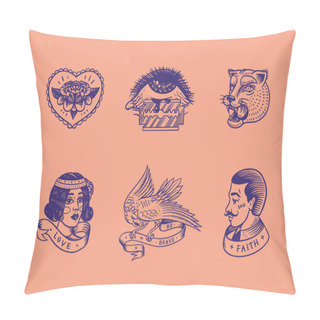 Personality  Set Of Vintage Old School Tattoo. Characters Playing Cards, Hawaiian Hula Dancer Woman, Lips And Lighthouse, Panther, Dice And Snake. Engraved Hand Drawn Sketch. Badges, Print Or Patches For T-shirt.  Pillow Covers