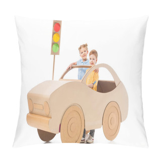 Personality  Adorable Kids Playing With Cardboard Car And Traffic Lights, On White Pillow Covers