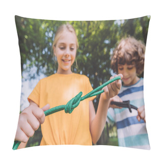 Personality  Selective Focus Of Happy Kids Holding Ropes In Park  Pillow Covers