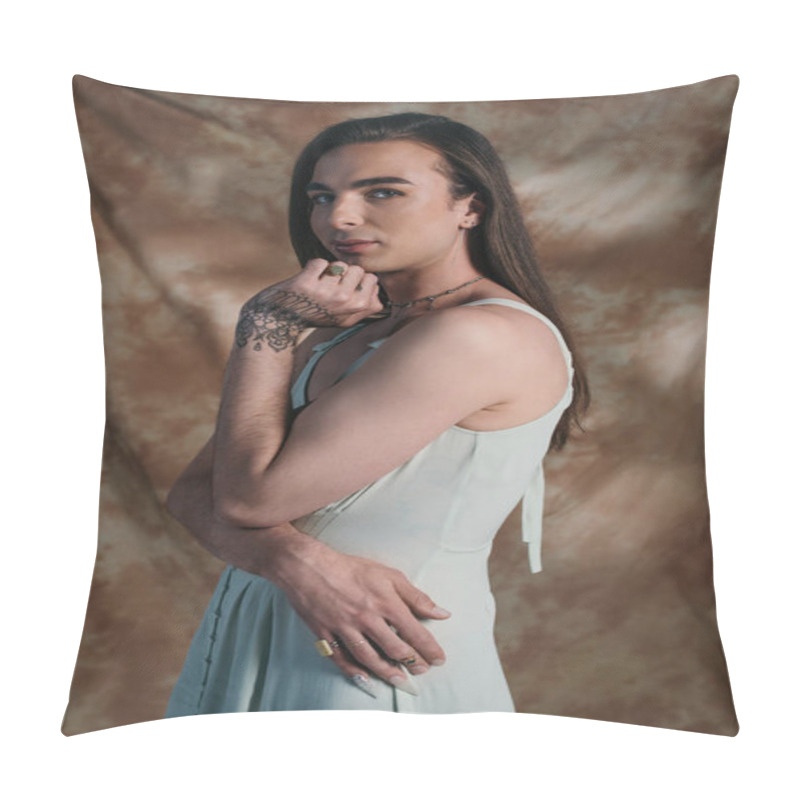Personality  Young queer person in sundress looking at camera on abstract background  pillow covers