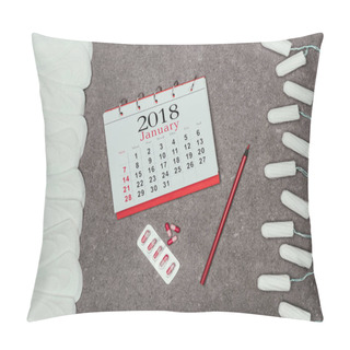 Personality  Top View Of Arranged Menstrual Pads And Tampons, Calendar And Pills On Grey Surface Pillow Covers
