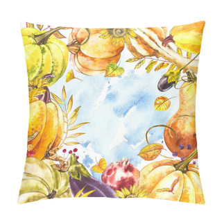 Personality  Autumn Leaves And Pumpkins Border Frame With Space Text On White Background. Seasonal Floral Maple Oak Tree Orange Leaves With Gourds For Thanksgiving Holiday, Harvest Decoration Watercolor Design. Pillow Covers