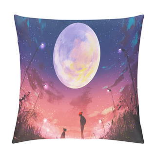 Personality  Young Woman And Dog At Beautiful Night With Huge Moon Above Pillow Covers