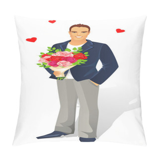 Personality  Vector Illustration Of Man With Bouquet Of Roses Pillow Covers