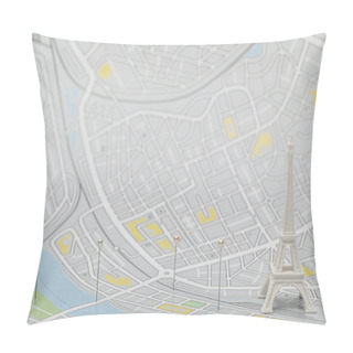 Personality  Selective Focus Of Pins Near Small Eiffel Tower Statuette On Map Of Paris  Pillow Covers