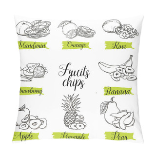 Personality  Hand Drawn Sketch Style Fruits And Berries With Slices, Chips. Mandarin, Orange, Kiwi, Strawberry, Banana, Apple, Pineapple And Pear. Organic Snack, Vector Doodle Illustrations Collection Isolated On White Background. Pillow Covers