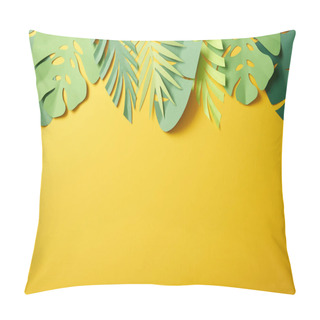 Personality  Top View Of Paper Cut Green Palm Leaves On Yellow Background With Copy Space Pillow Covers