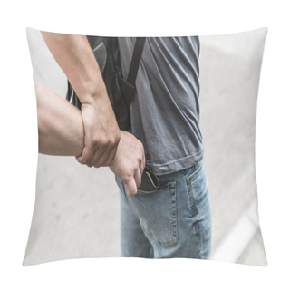 Personality  Cropped View Of Man Catched Robbery Which Pickpocketing His Wallet  Pillow Covers