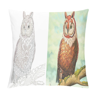 Personality  Adult Coloring Page. Owl Bird. Colorless And Color Sample Painted In Watercolor Imitating Style. Coloring Design With Doodle And Zentangle Elements. Vector Illustration.  Pillow Covers