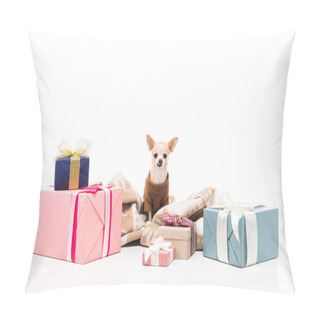 Personality  Close Up View Of Cute Chihuahua Dog In Sweater Sitting Near Christmas Presents Isolated On White Pillow Covers