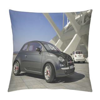Personality  Fiat 500 City Car, Outside Of A Modern Industrial Building Environment Pillow Covers