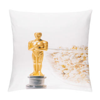 Personality  KYIV, UKRAINE - JANUARY 10, 2019: Shiny Oscar Award With Popcorn Bowl Isolated On White Pillow Covers