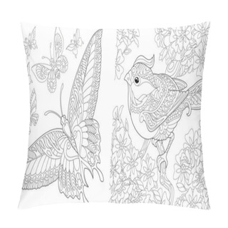 Personality  Adult Coloring Book. Vintage Butterfly Collection. Bird In Flourish Garden. Line Art Design For Antistress Colouring Pages In Zentangle Style. Vector Illustration.  Pillow Covers