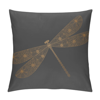 Personality  Golden Silhouette Of A Dragonfly On A Gray Background.Vector Illustration. Linear Style. Hand Drawn. Insect For Your Design. Pillow Covers